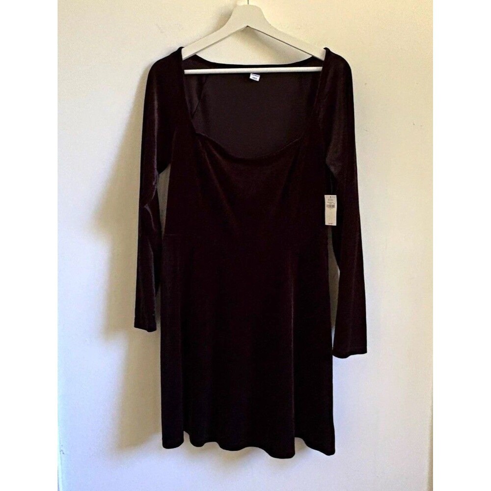 Old Navy Black Velvet Stretch A-Line mini Dress V-Neck Long Sleeve Knee L party